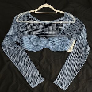 Blue Mesh Long Sleeve Crop Top